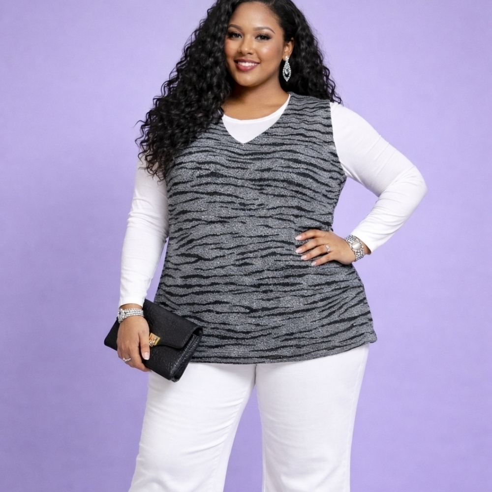 Elisabeth by Liz Claiborne | Vintage | 1X | Black & Gray Zebra Print | Knit Tank